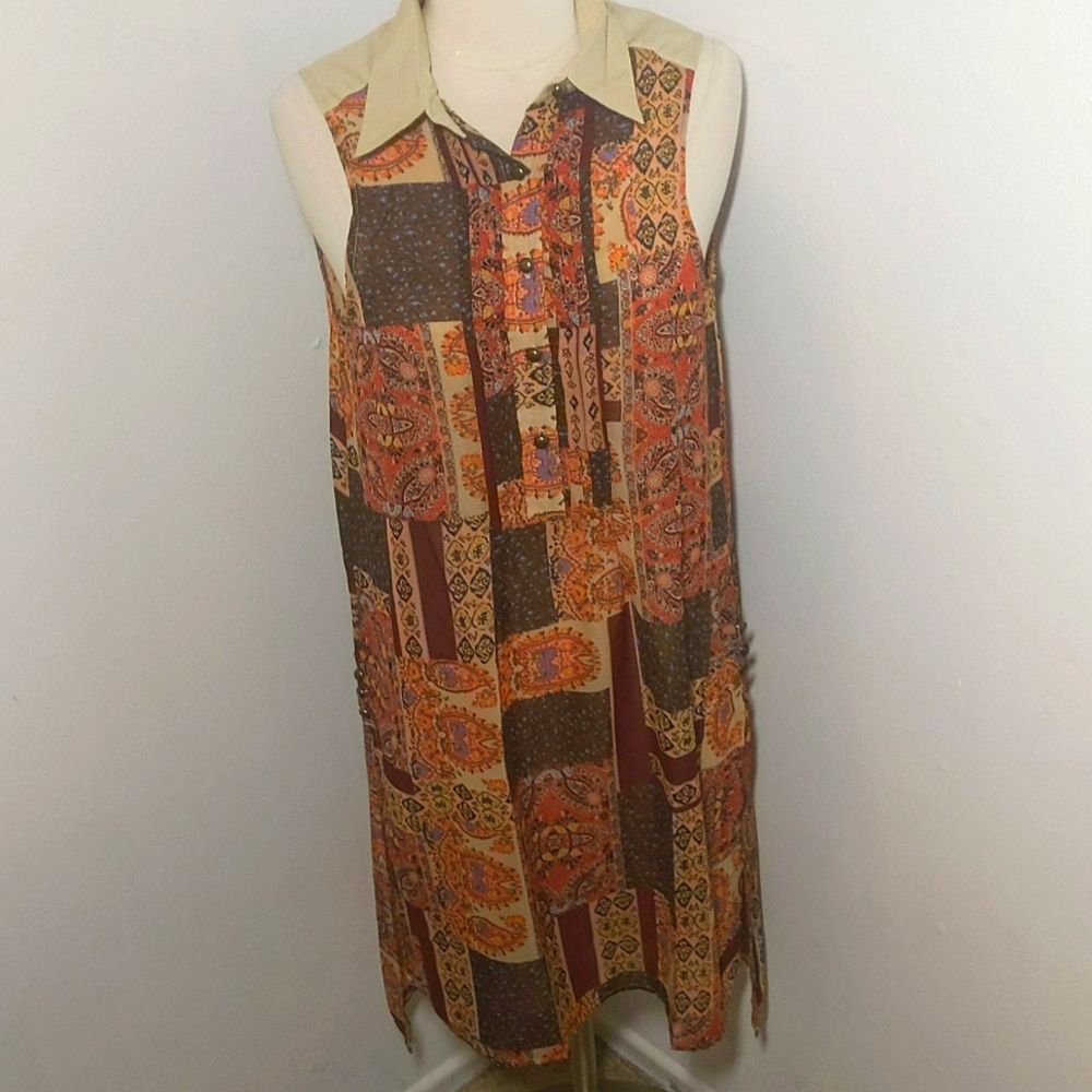 ✅NWT Simply Noelle Small Medium Slit Dress Sheer Boho Print Orange Collar